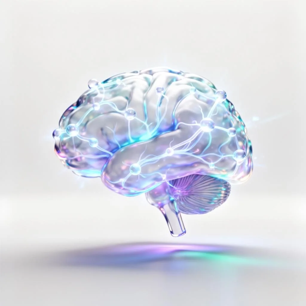 A luminous holographic brain with glowing neural pathways
